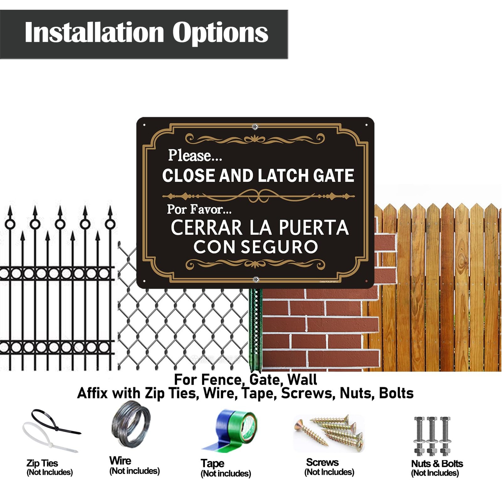 2 PCS Please Close Latch Gate Sign Bilingual Spanish Aluminum 10×7 Inch Safe