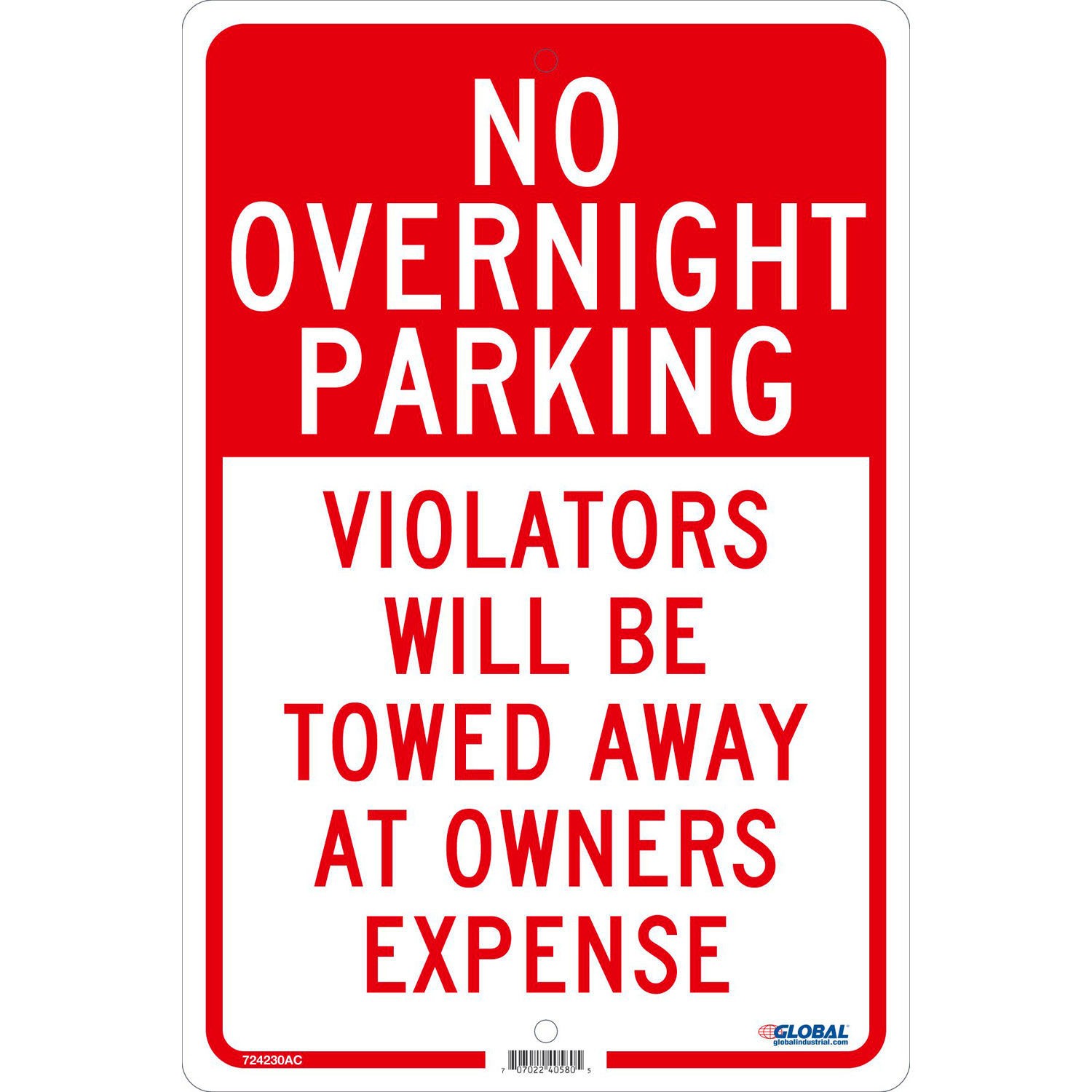 Global Industrial No Overnight Parking Violators Will Be Towed 18×12 .080