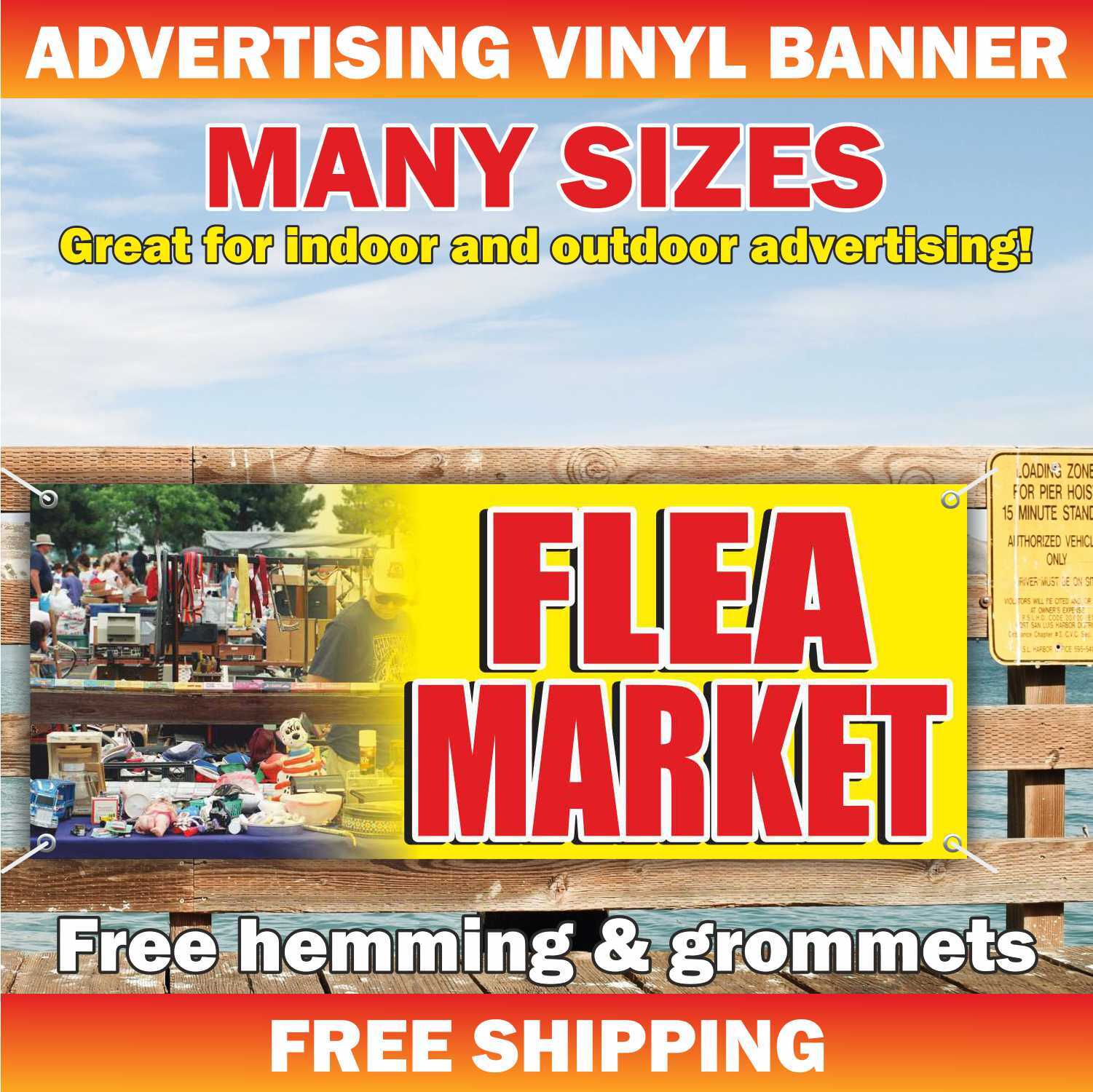 FLEA MARKET Advertising Banner Vinyl Mesh Sign Antiques Collectibles Garage Sale