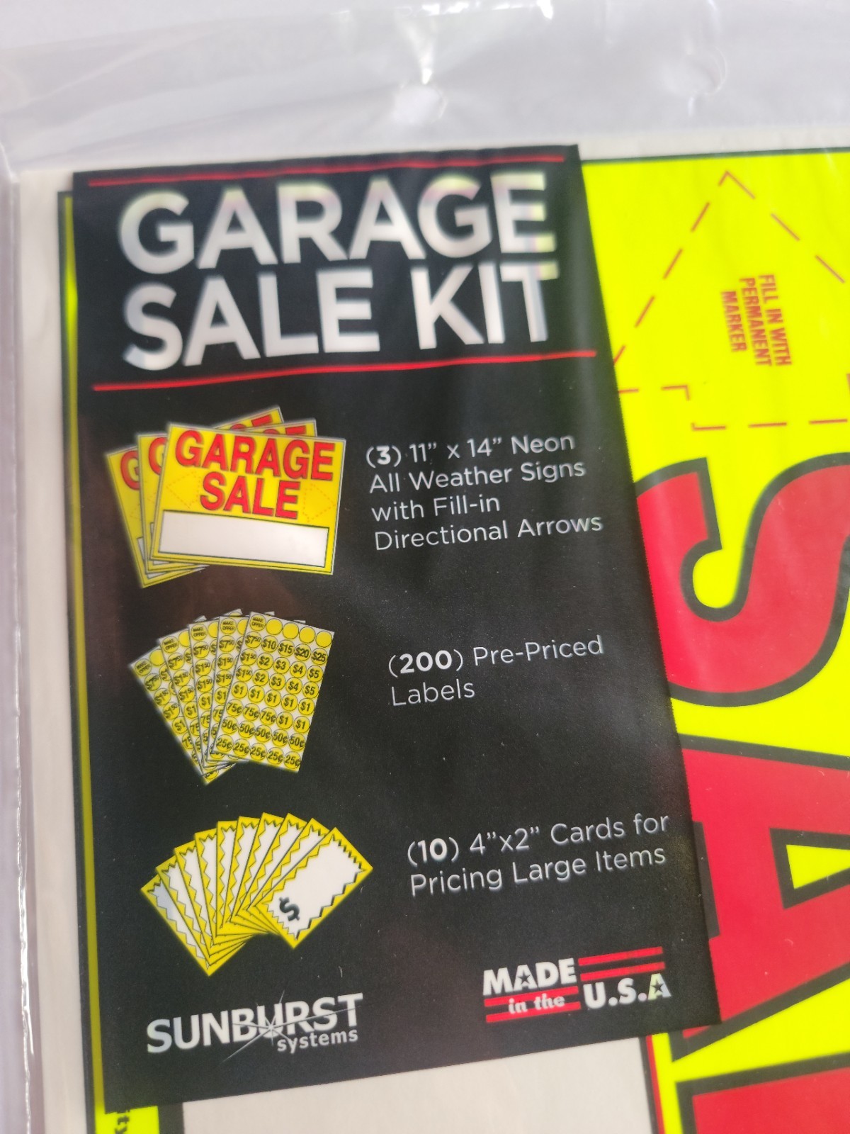 Garage Sale Kit: 3 YARD SIGNS, 600 PRICED STICKERS, 15 LARGE LABELS, LOT OF 2.