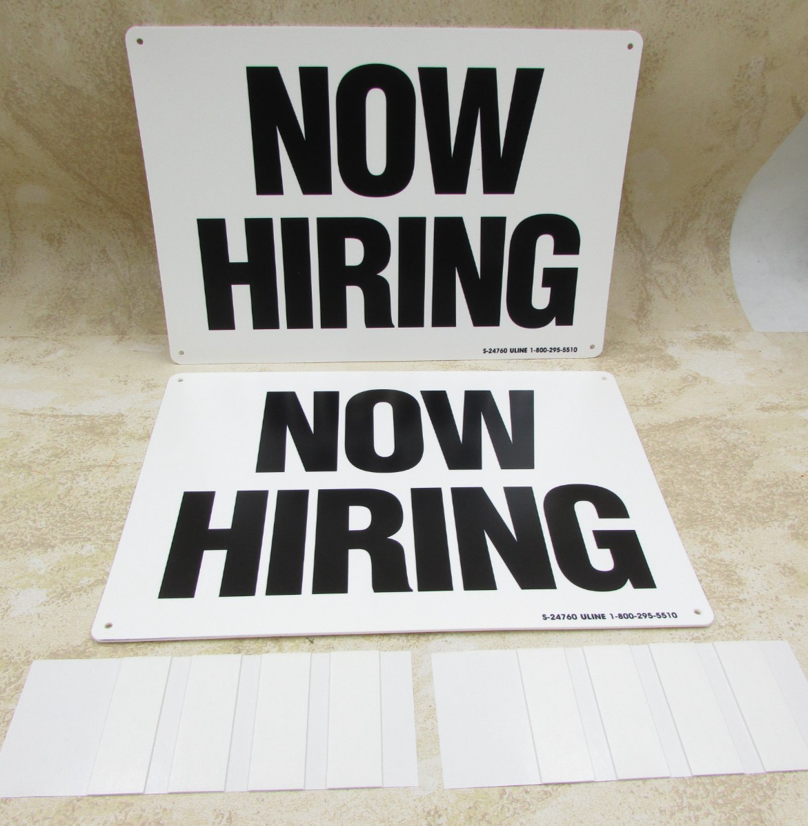 2 PACK « Now Hiring » Sign, Sturdy .055 Thick Plastic, Pre-Drilled Holes 10&Prime; X 7&Prime;