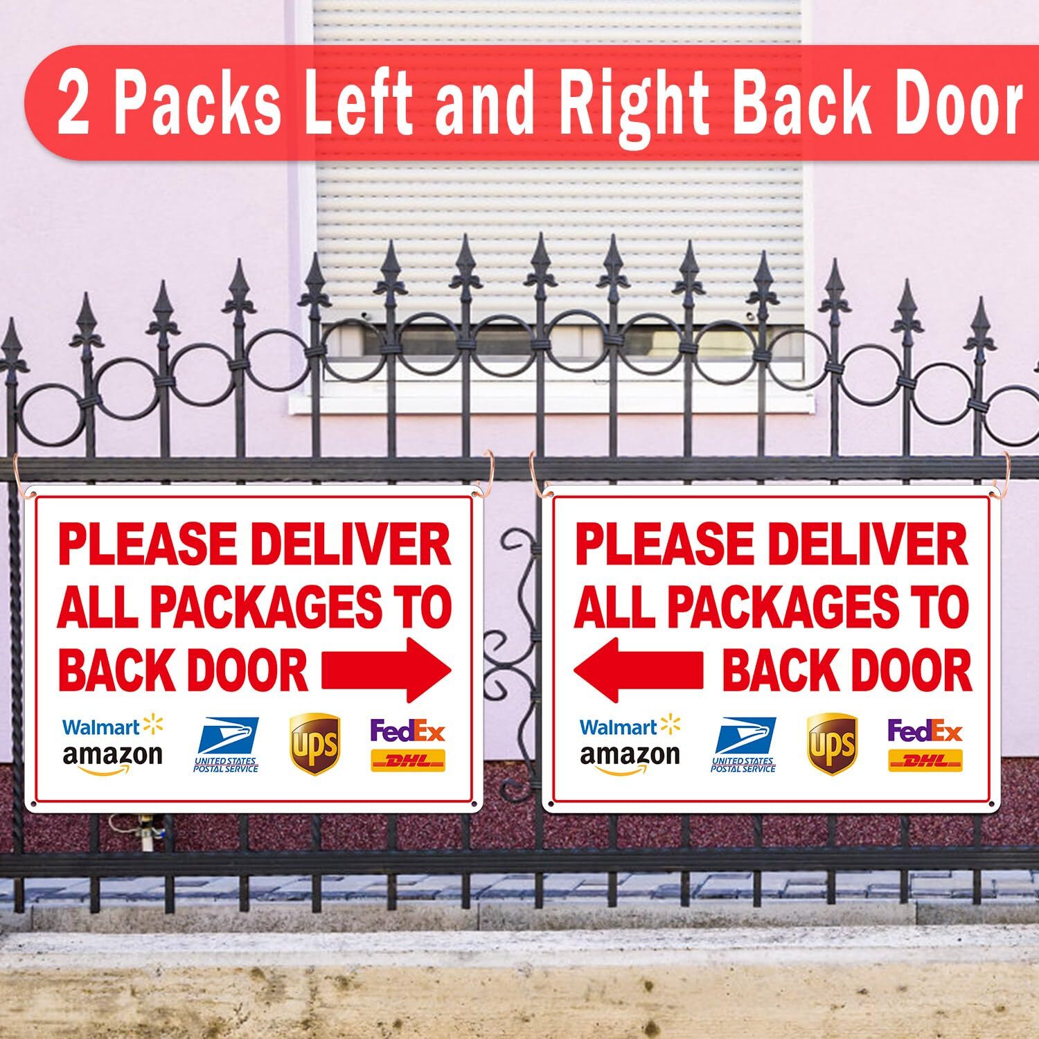 Please Deliver Packages Back Door Sign 14×10&Prime; Weatherproof Arrows 2-Pack