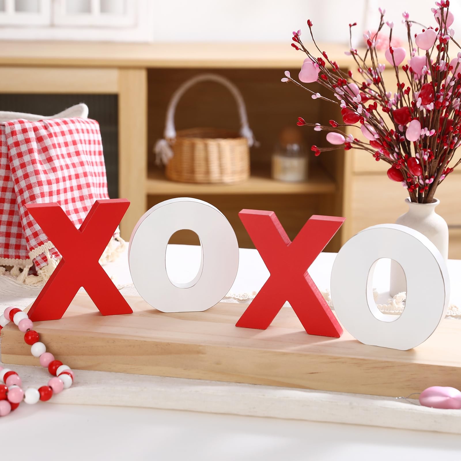 Wooden XOXO Tabletop Sign White Red Valentines Decor Mantel Fireplace Party