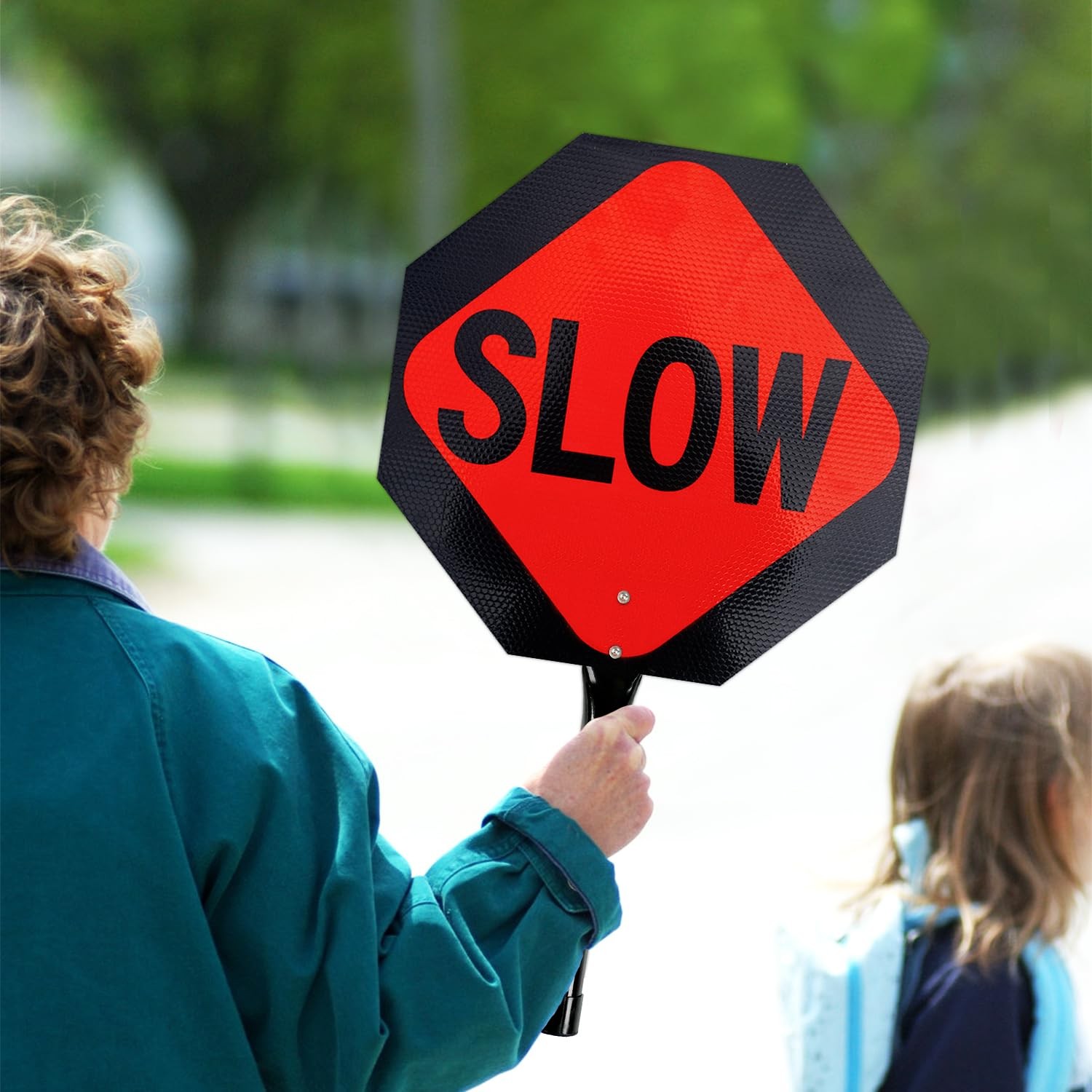 Double Sided Stop/Slow Sign 13 x 13 Inches with Handle and Stand