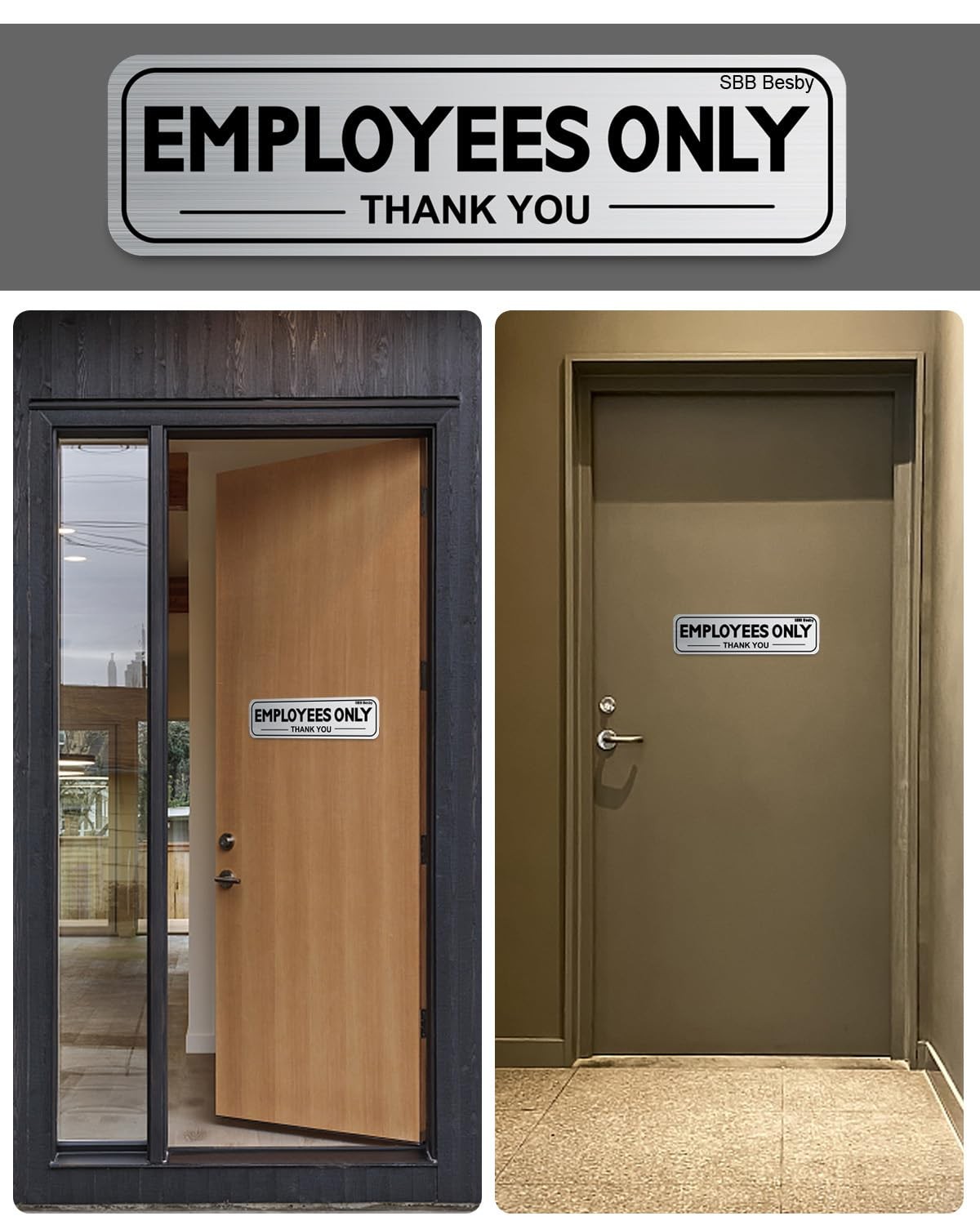 2pcs Employees Only Sign Stickers, Metal like Brushed Silver, 9&Prime;x2.5&Prime;, Back Adhe