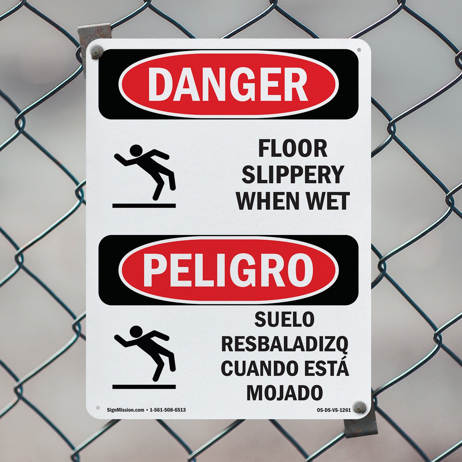 Floor Slippery When Wet Bilingual OSHA Danger Sign Metal, Decal – 5 or 10 Pack