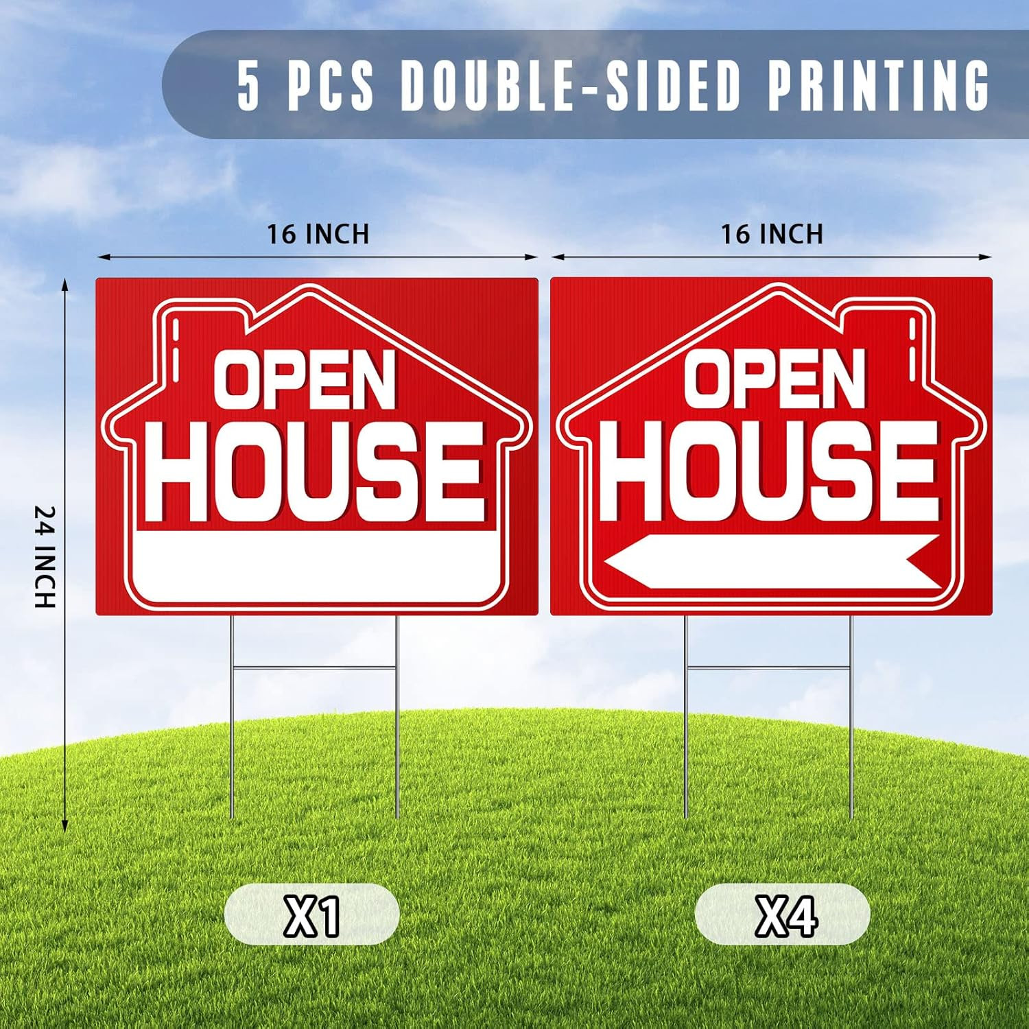 Open House Signs (5 Pack), 16&Prime; X 12&Prime; Double-Sided Yard Sign with Metal H Stakes,
