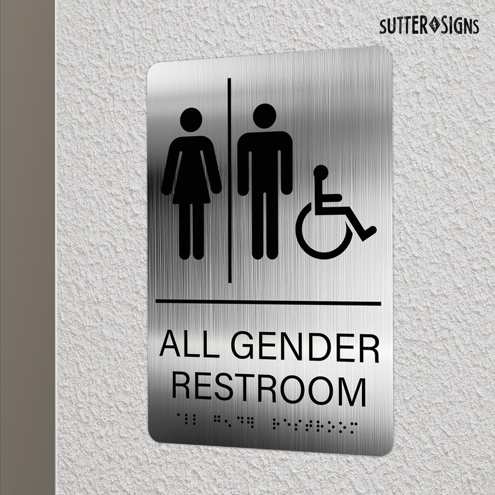 All Gender Restroom Sign Braille Gender Neutral 6×9 Inch Adhesive Black