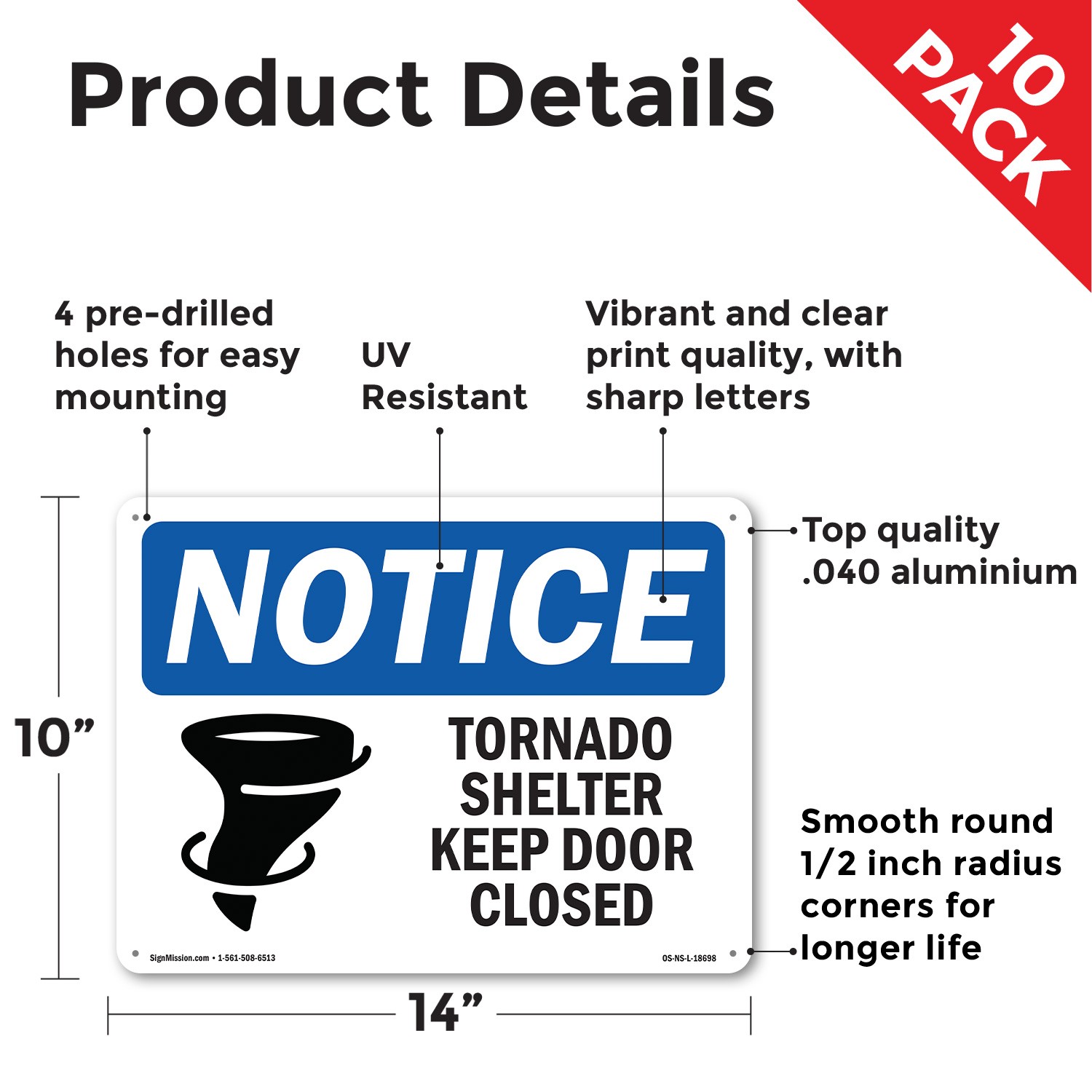 Tornado Shelter Keep Door Closed OSHA Notice Sign Metal, Decal – 5 or 10 Pack