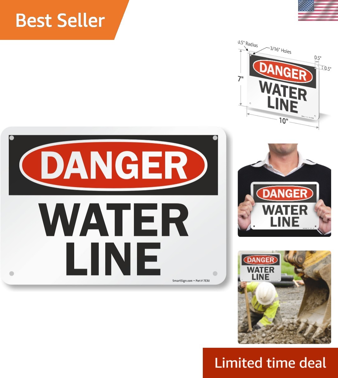 Heavy-Duty 7” x 10” Aluminum Water Line Sign – Complies with OSHA Standards