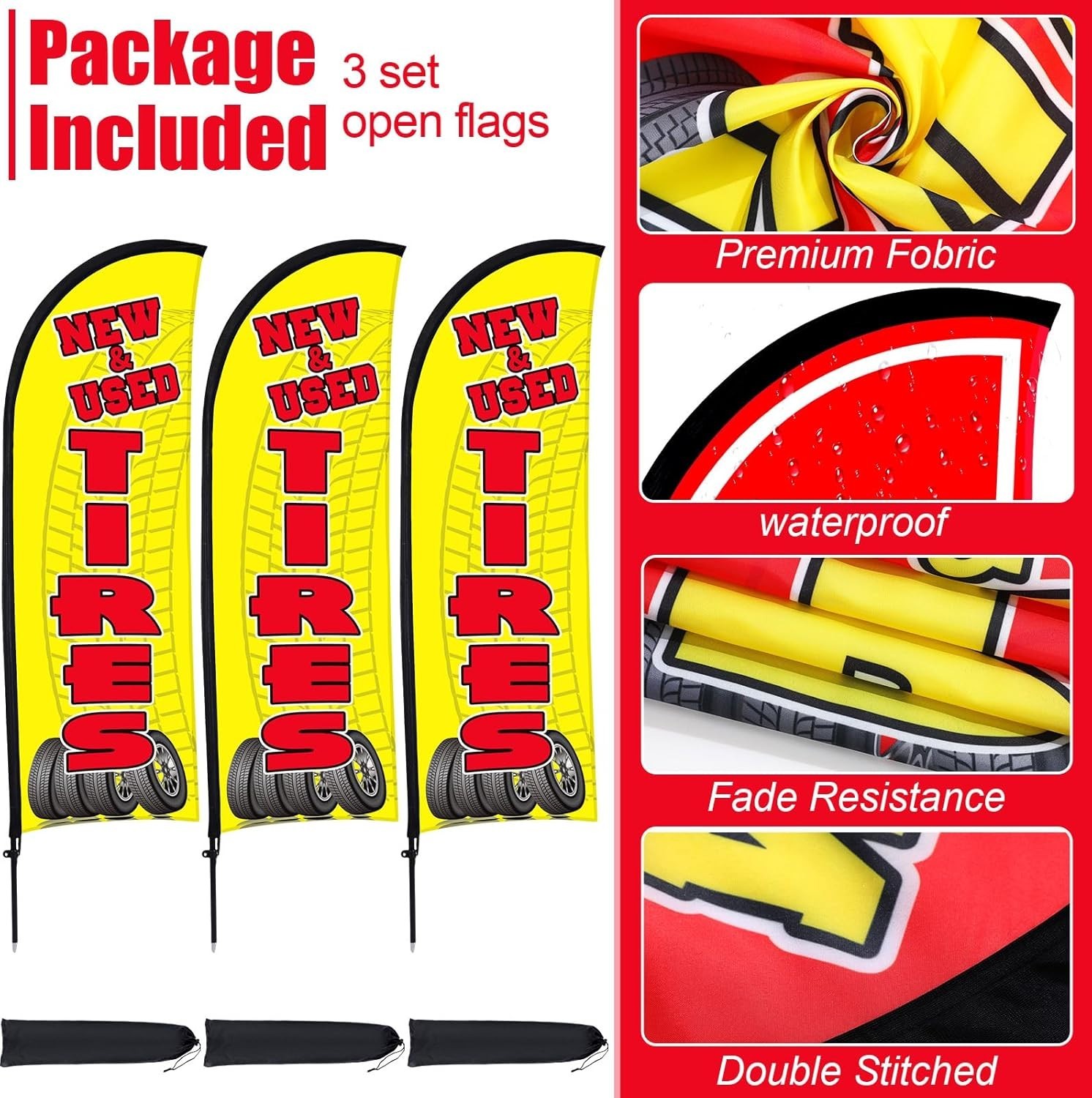 3 Sets Tires Shop Feather Flags with Poles 7ft New and Use Tires Flags for Busin