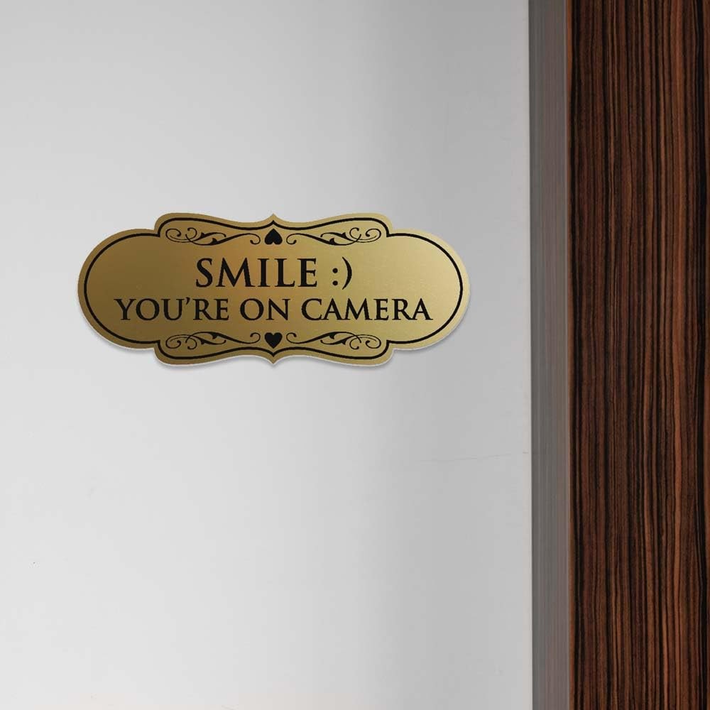 Designer Smile You Are On Camera Sign Wall Door Black Gold Medium Size Set