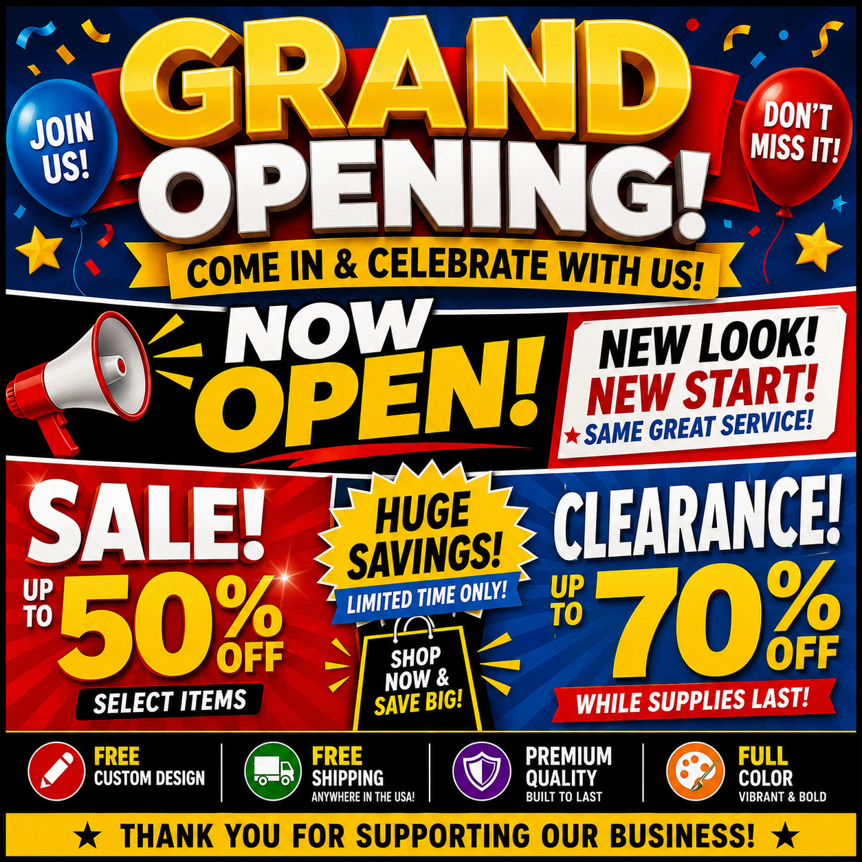 FULL COLOR BANNER INDOOR OUTDOOR USE GRAND OPENING – SALE – NOW OPEN – DISCOUNT