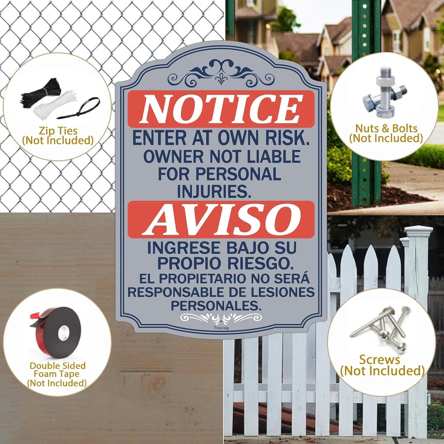 Notice Enter At Own Risk Bilingual Metal Security Signs 14×10 Inch 2 PCS