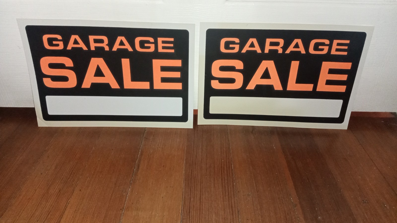 Lot Of 2 12&Prime; X 8&Prime; Black White Orange GARAGE SALE Signs (AGED AND YELLOWING)