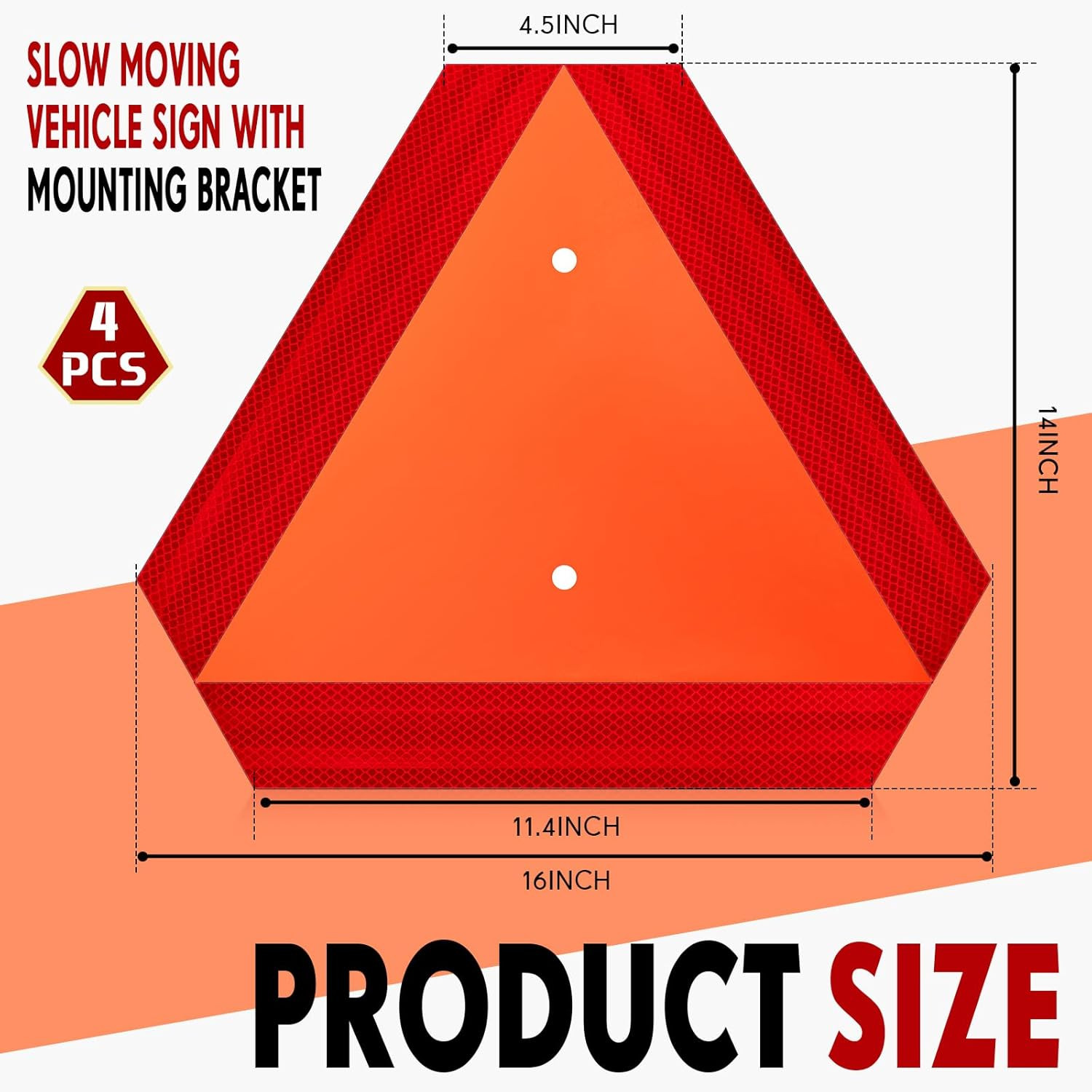 4 Sets Slow Moving Vehicle Sign with Mounting Bracket, 14 X 16 Inch Aluminum Tri