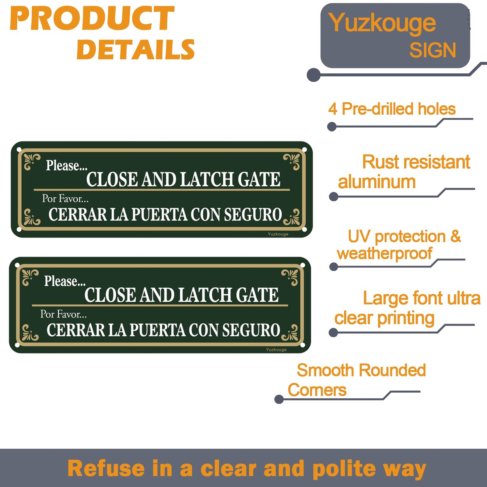 2 Pack 10×3 Inch Please Close And Latch Gate Sign Bilingual English Spanish