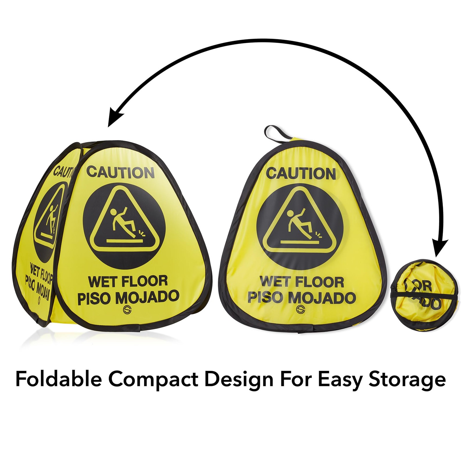 3 Pack Pop Up Wet Floor Sign Heavy Duty Nylon Yellow Bilingual 16 Inch Safety