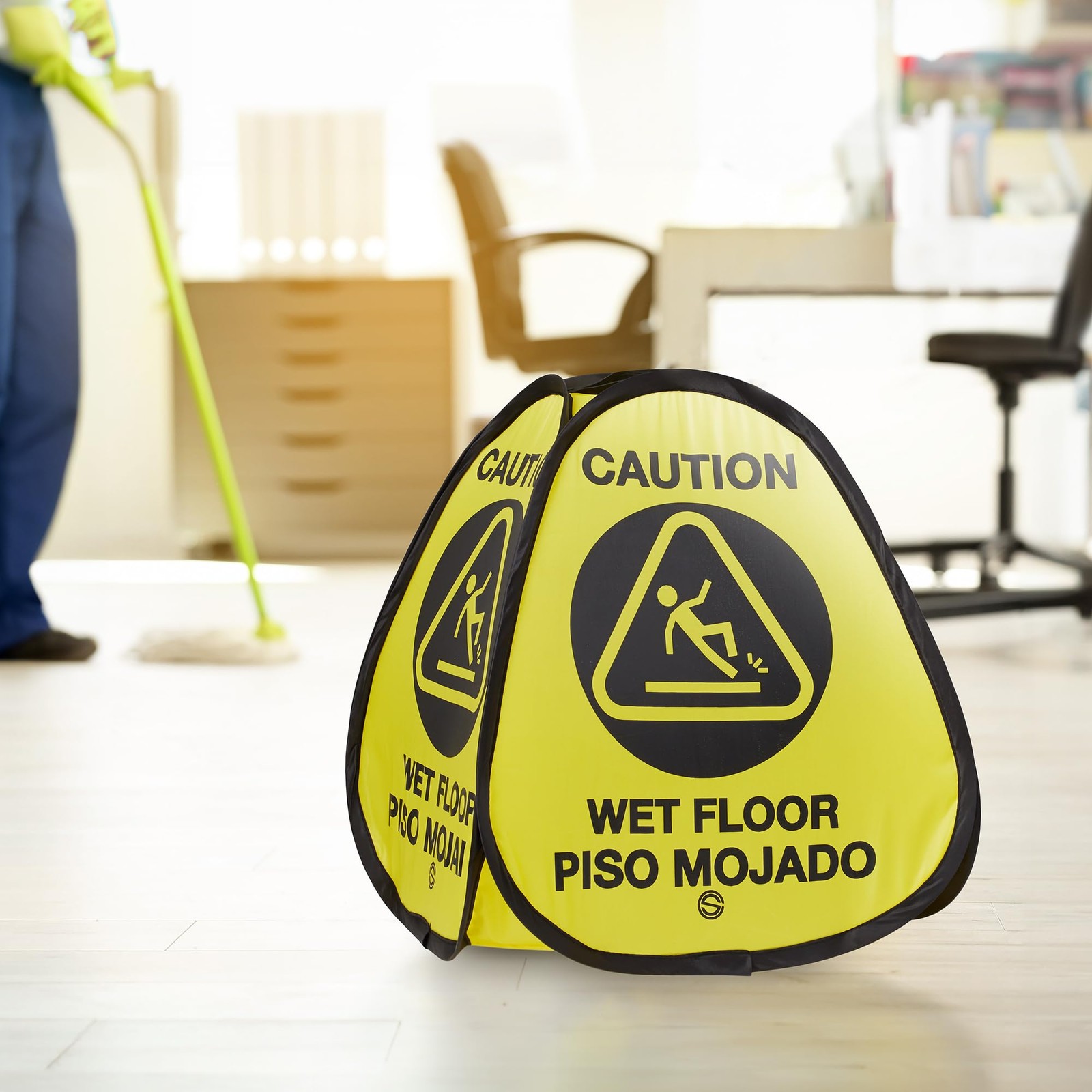 3 Pack Pop Up Wet Floor Sign Heavy Duty Nylon Yellow Bilingual 16 Inch Safety