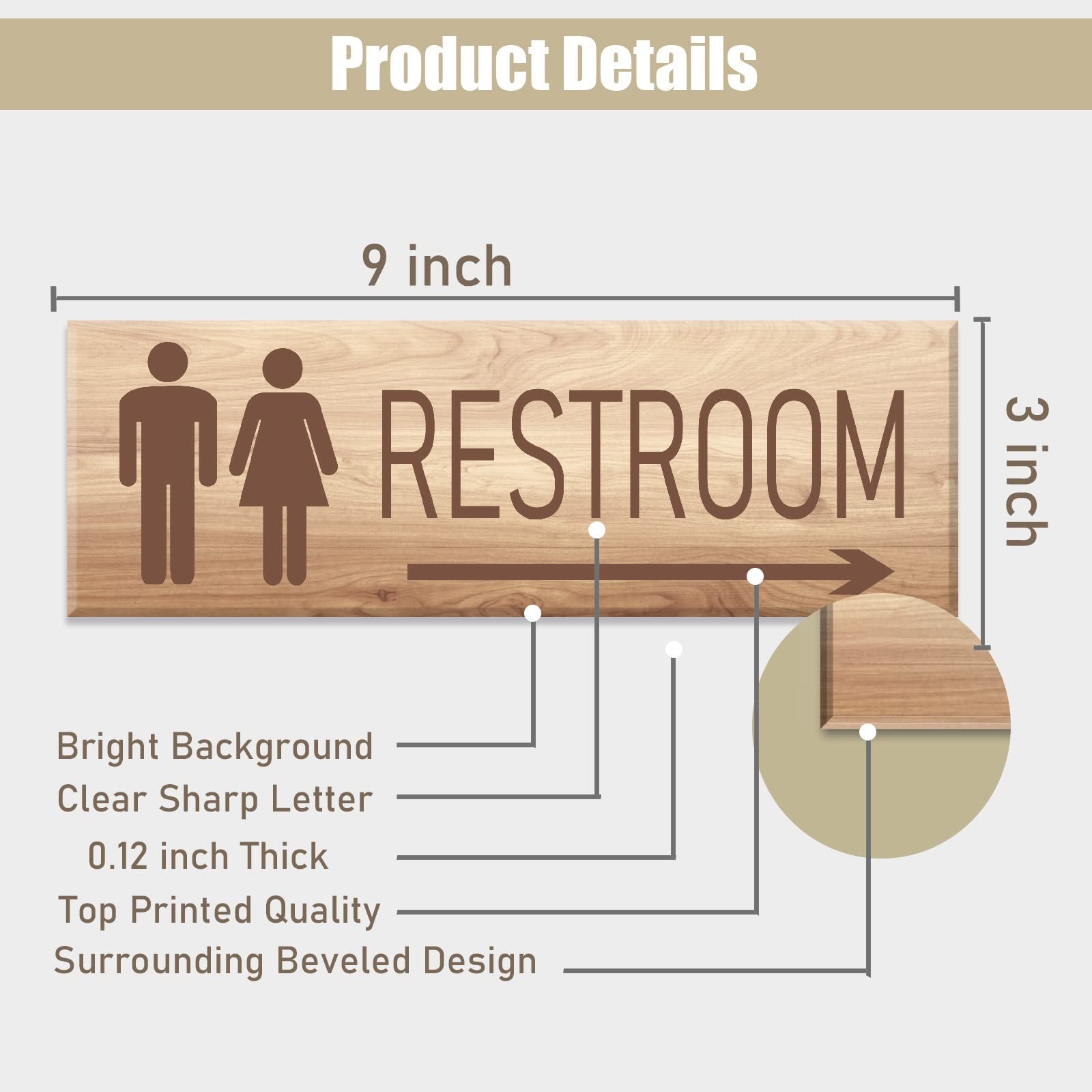 9×3 Inch Restroom Sign With Arrow Right Acrylic Self Stick Wood Graining