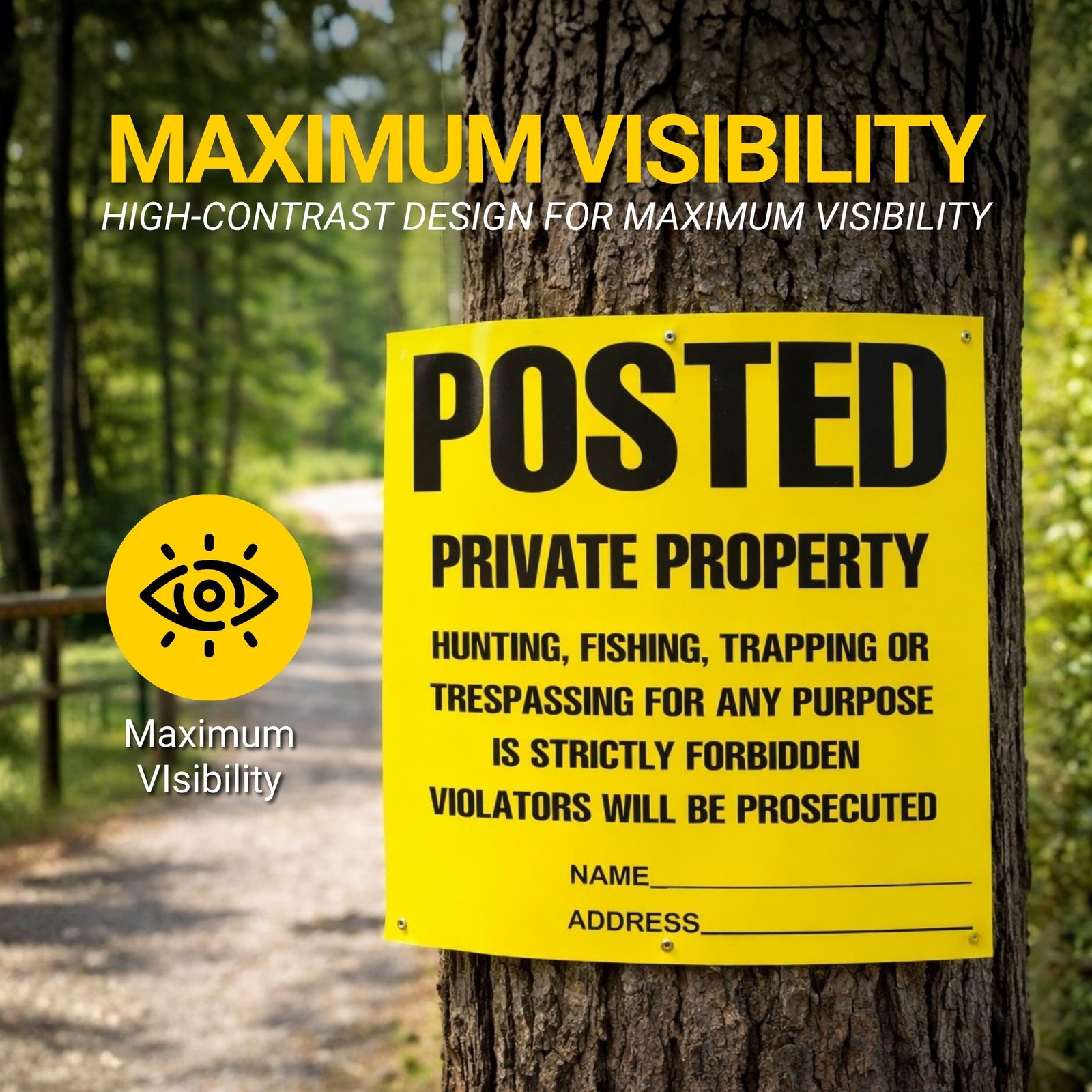 Posted Sign – No Hunting No Trespassing 11 x 11 Inch, Yellow Private Property W