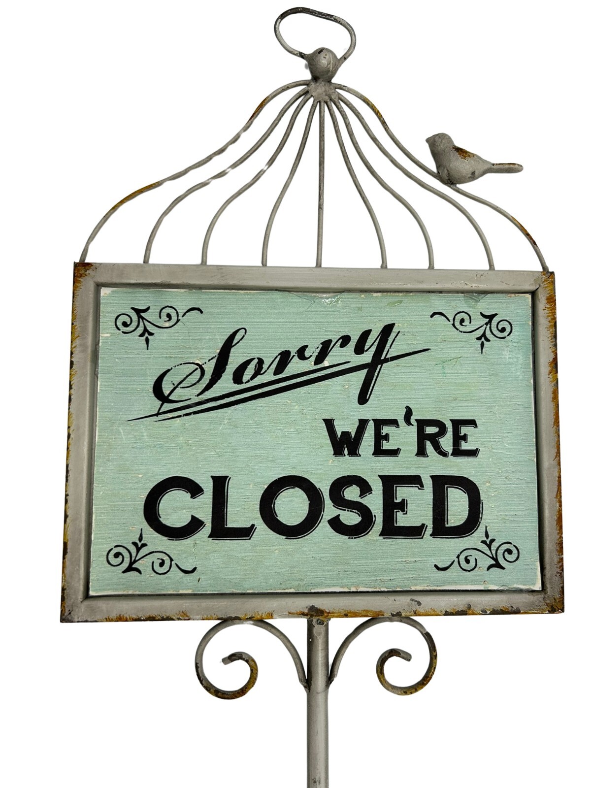 Open Closed Vintage Tabletop Heavy Metal Sign w Bird Cage Topped Retail Boutique