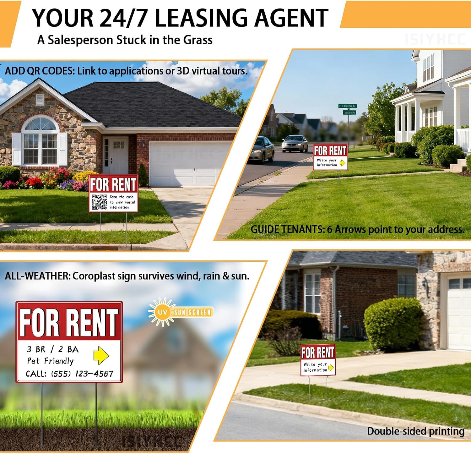 2 Pack For Rent Sign with Stakes, 17×13&Prime; Double-Sided Yard Sign – Extra Large Wr