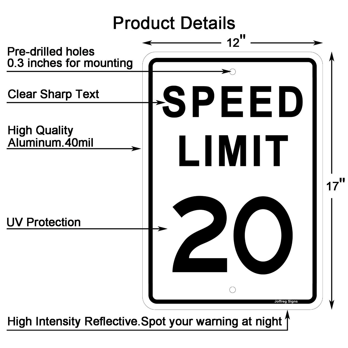 17×12 Inch Speed Limit 20 MPH Reflective Aluminum Safety Road Sign 2 PCS