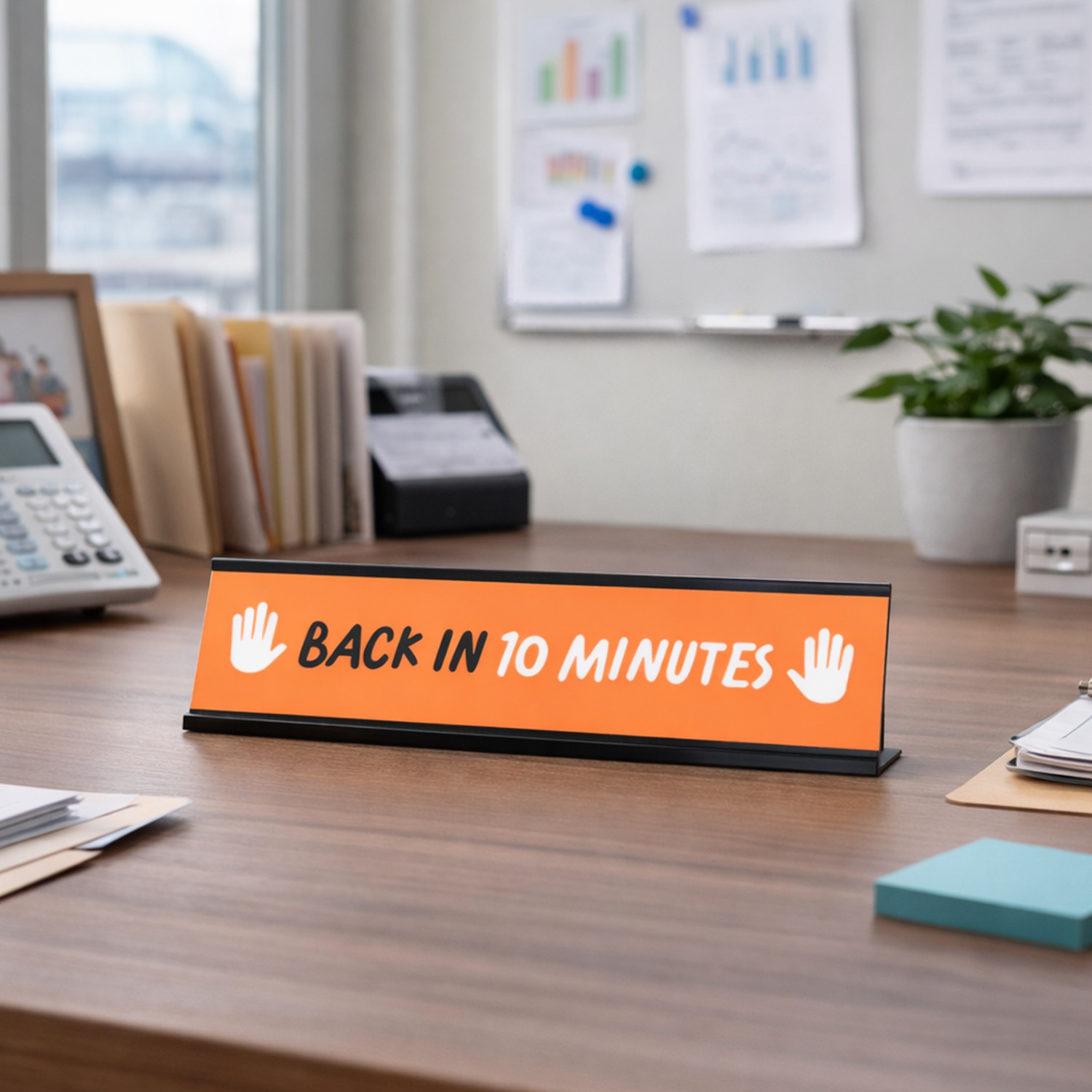 Back in 10 minutes, Orange and White Black Frame Desk Sign (2 x 8&Prime;)