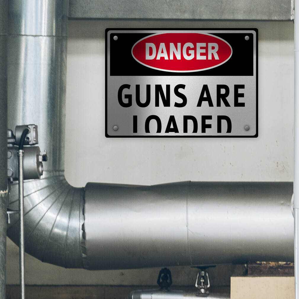 Aluminum Horizontal Metal Sign Danger Guns Are Loaded Security White No Weapons