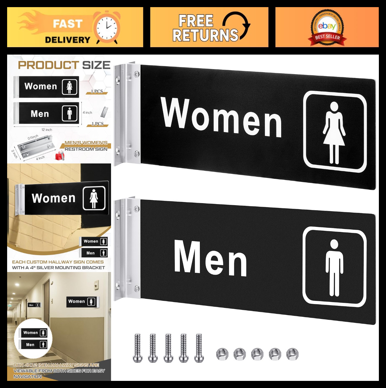 2 Pcs Men&rsquo;s Women&rsquo;s Restroom Signs – Acrylic Double-Sided Bathroom Door 4×12