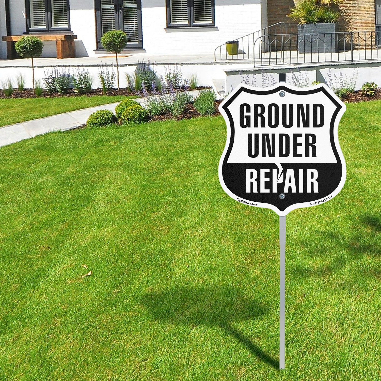 Ground Under Repair Shield Shaped Sign With Stake Crafted in the USA