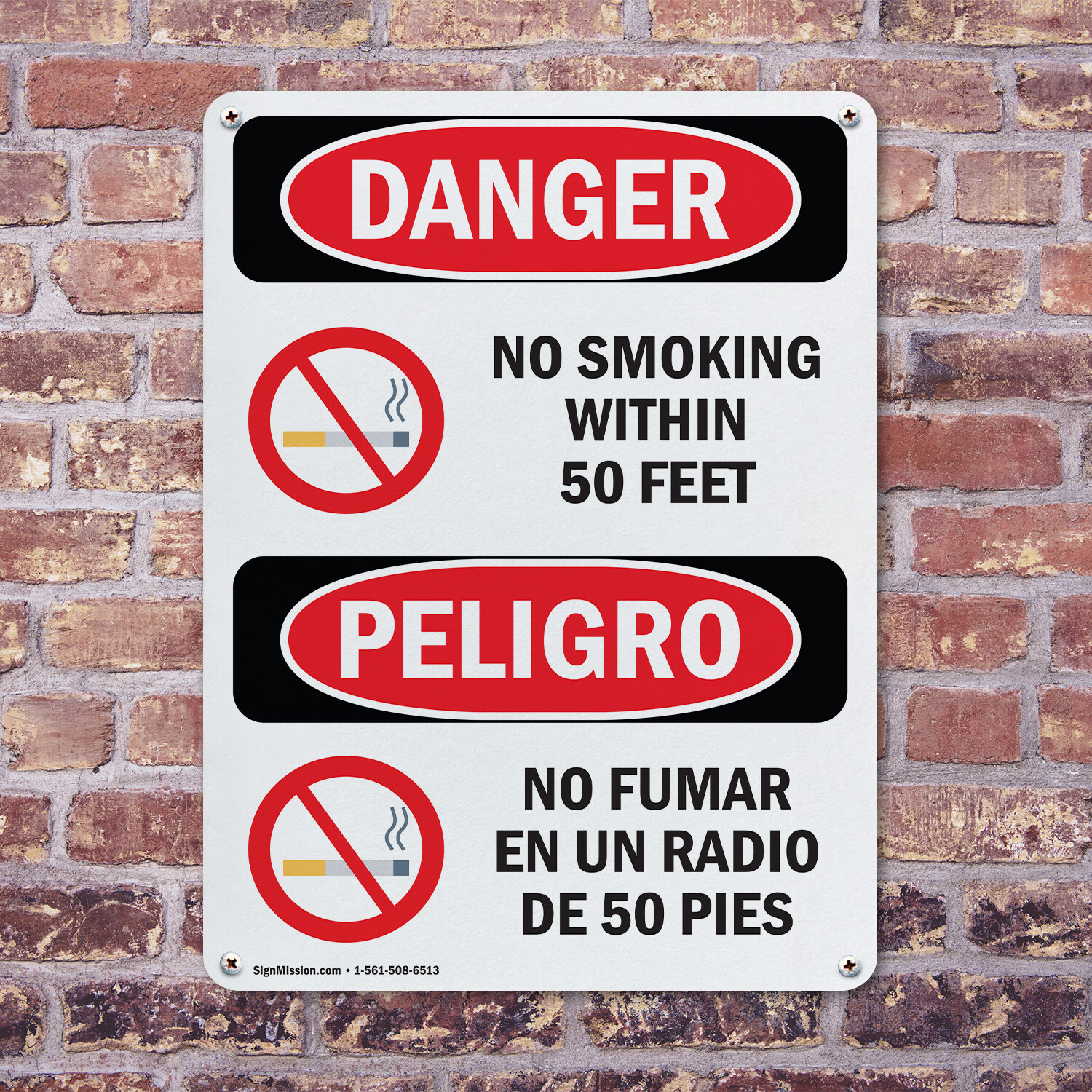 (2 Pack) No Smoking Within 50 Feet Bilingual OSHA Danger Sign Decal Metal