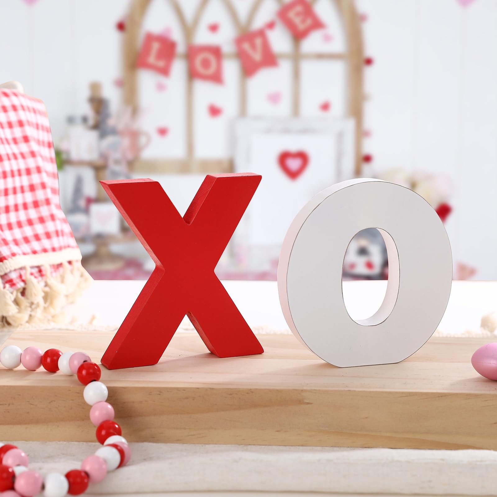 Wooden XOXO Tabletop Sign Classic White Red Valentines Day Decor Home Shelf