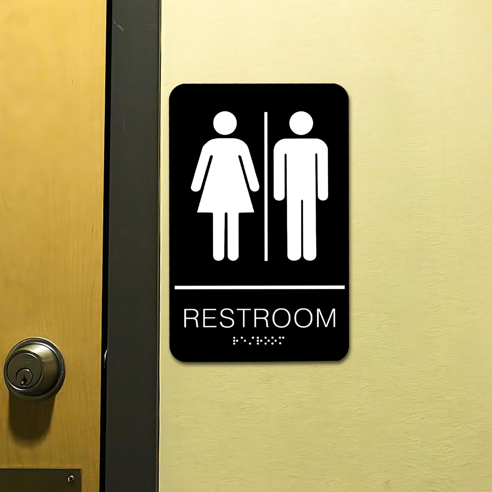ADA Braille Unisex Restroom Sign 6×9 Inch Black Plastic Wall Door Mount