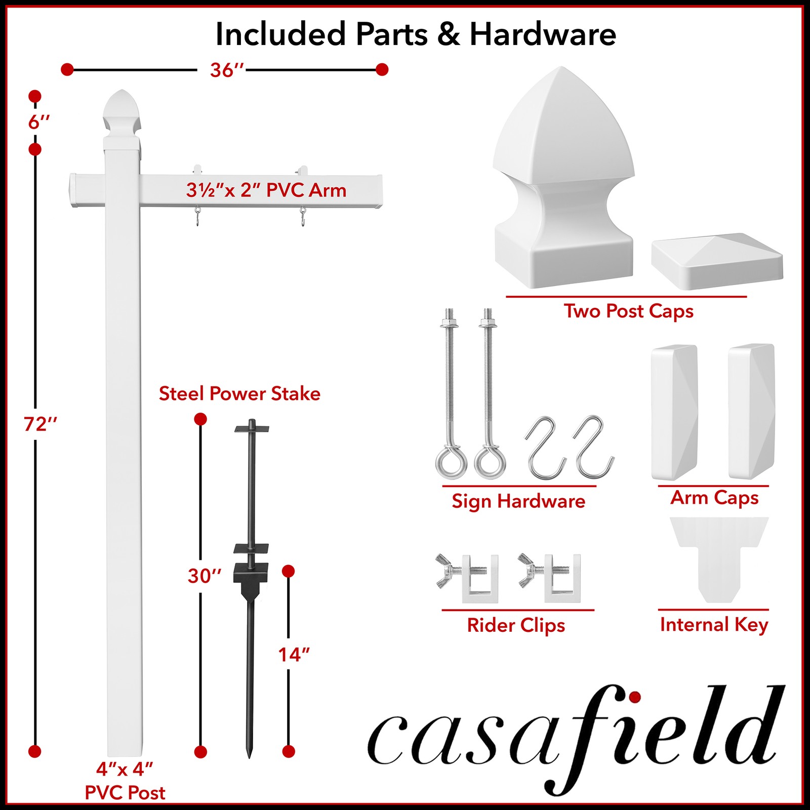 72&Prime; x 36&Prime; Real Estate Yard Sign Post with 2 Cap Options – Vinyl PVC – White –