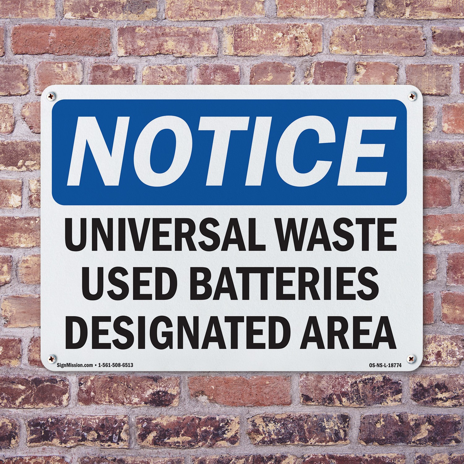 Universal Waste Used Batteries Designated Area OSHA Notice Sign – 5 or 10 Pack