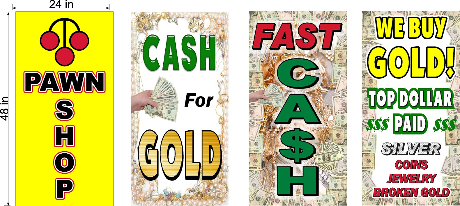 PERFORATED WINDOW DECAL PAWN SHOP CASH FOR GOLD NEW LOT OF 4 2&prime; X 4&prime; VERTICAL