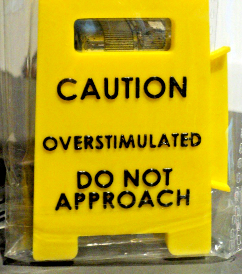 CAUTION OVERSTIMULULATED Sandwich Sign: BRAND NEW: 2 1/2&Prime; x 4&Prime;: Desk Sign