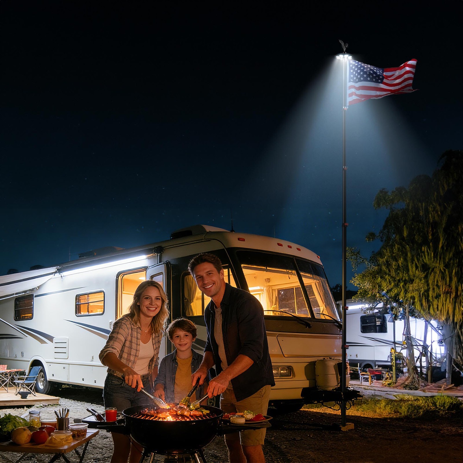 Yescom EZ GO 20&prime; Telescopic Flag Pole Kit Solar Light US Flag Eagle Topper Black