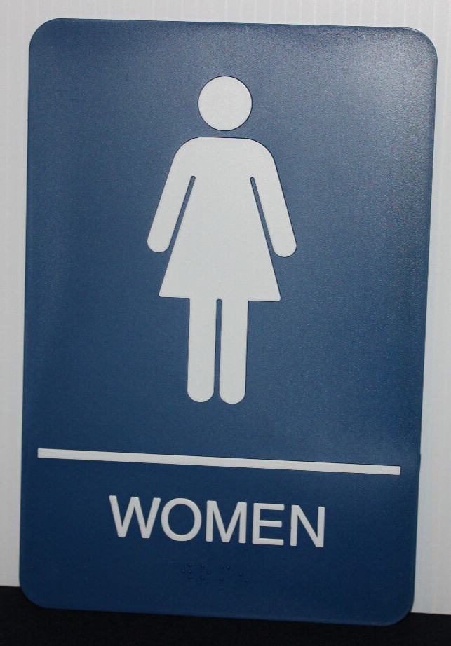 6&Prime;x9&Prime; ADA Women Restroom Sign Blue/White Braille Grade II with Tape