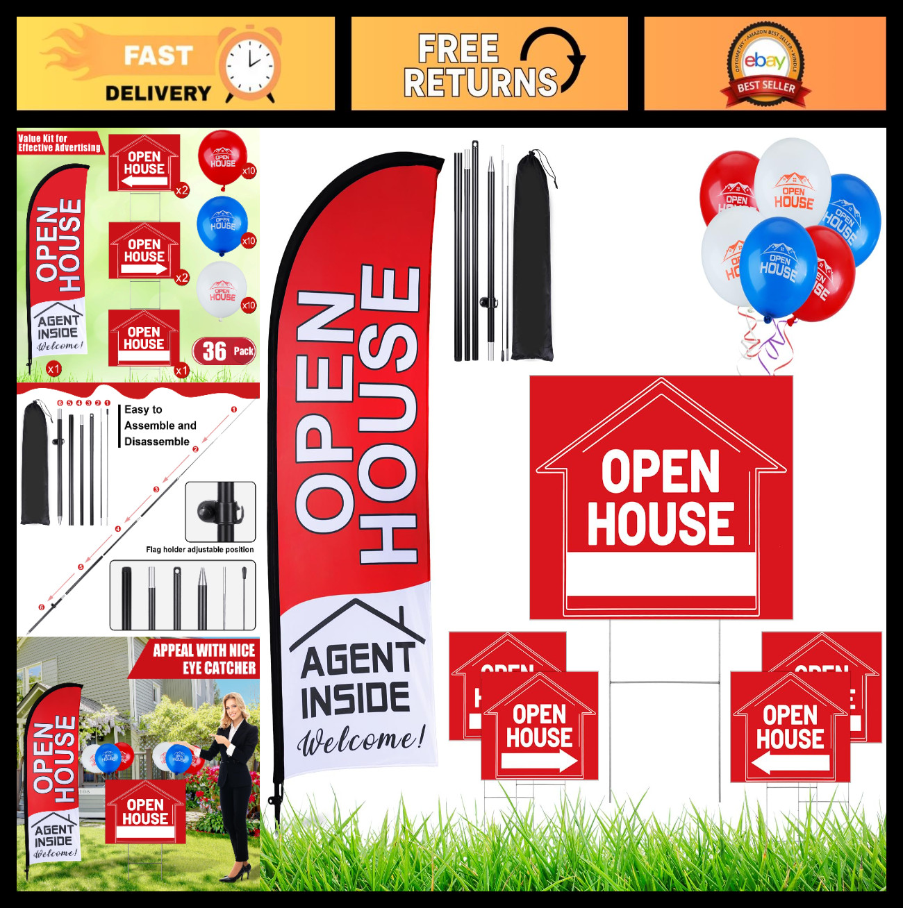 Open House Signs Set – 36 Pcs, Yard Flag Kit, Directional Arrows, Metal Stakes &