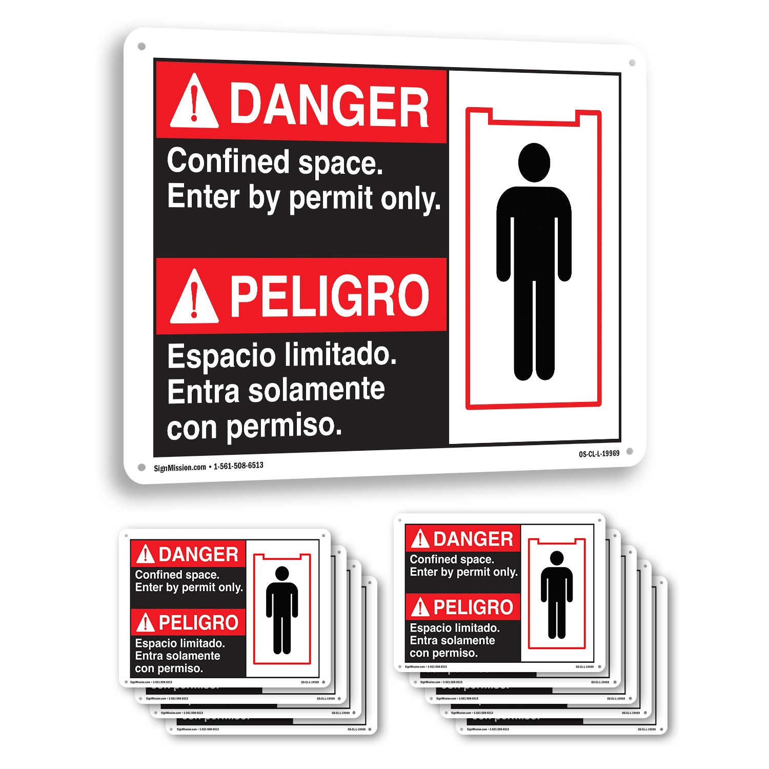 Danger Confined Space Enter By Permit Only (Bilingual Spanish) OSHA 5/10 Pack