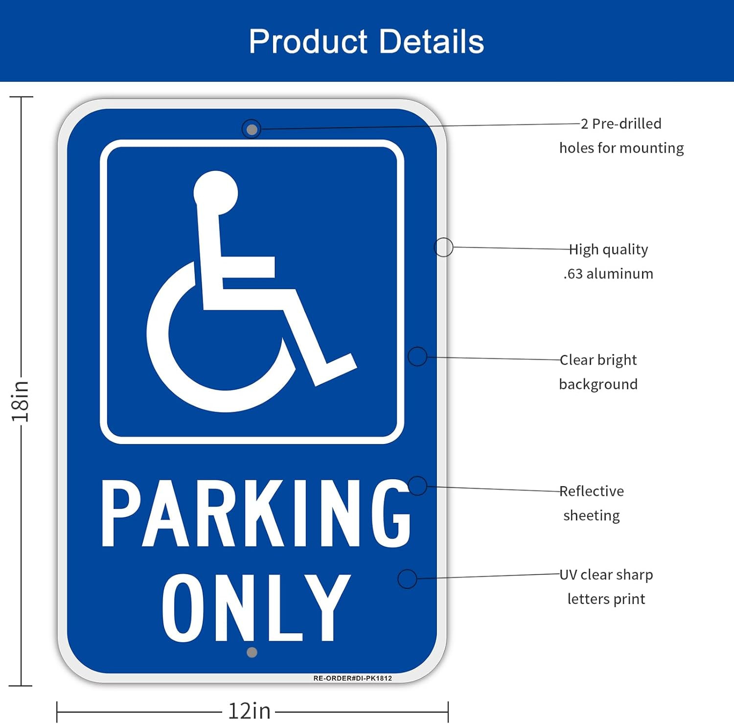 4 Pack Handicap Parking Only Signs, 12&Prime; X 18&Prime; Heavy-Duty Aluminum Handicapped