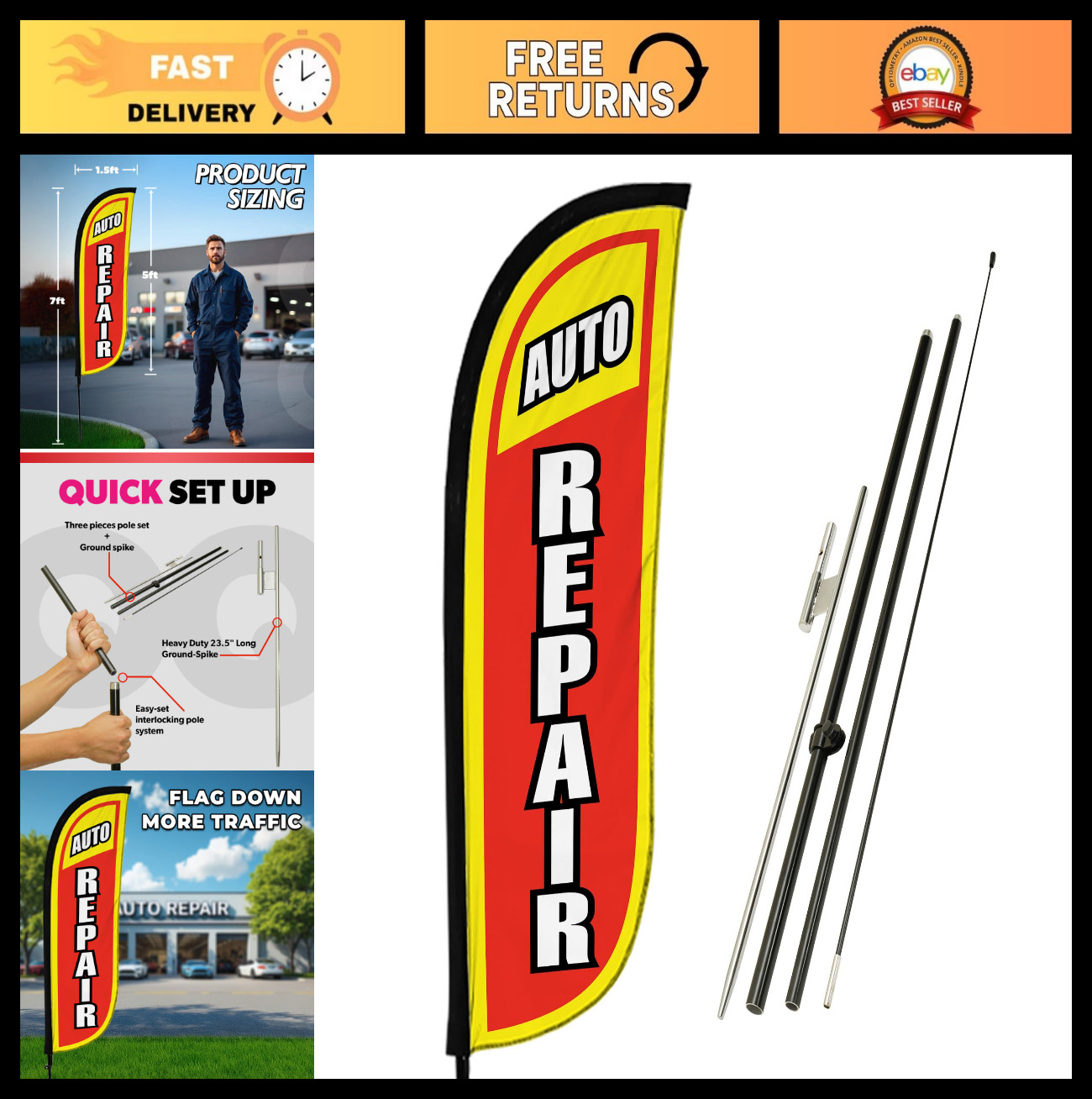 7ft Feather Flag Pole Kit – Advertising Banner with Fiberglass Pole & Ground Spi