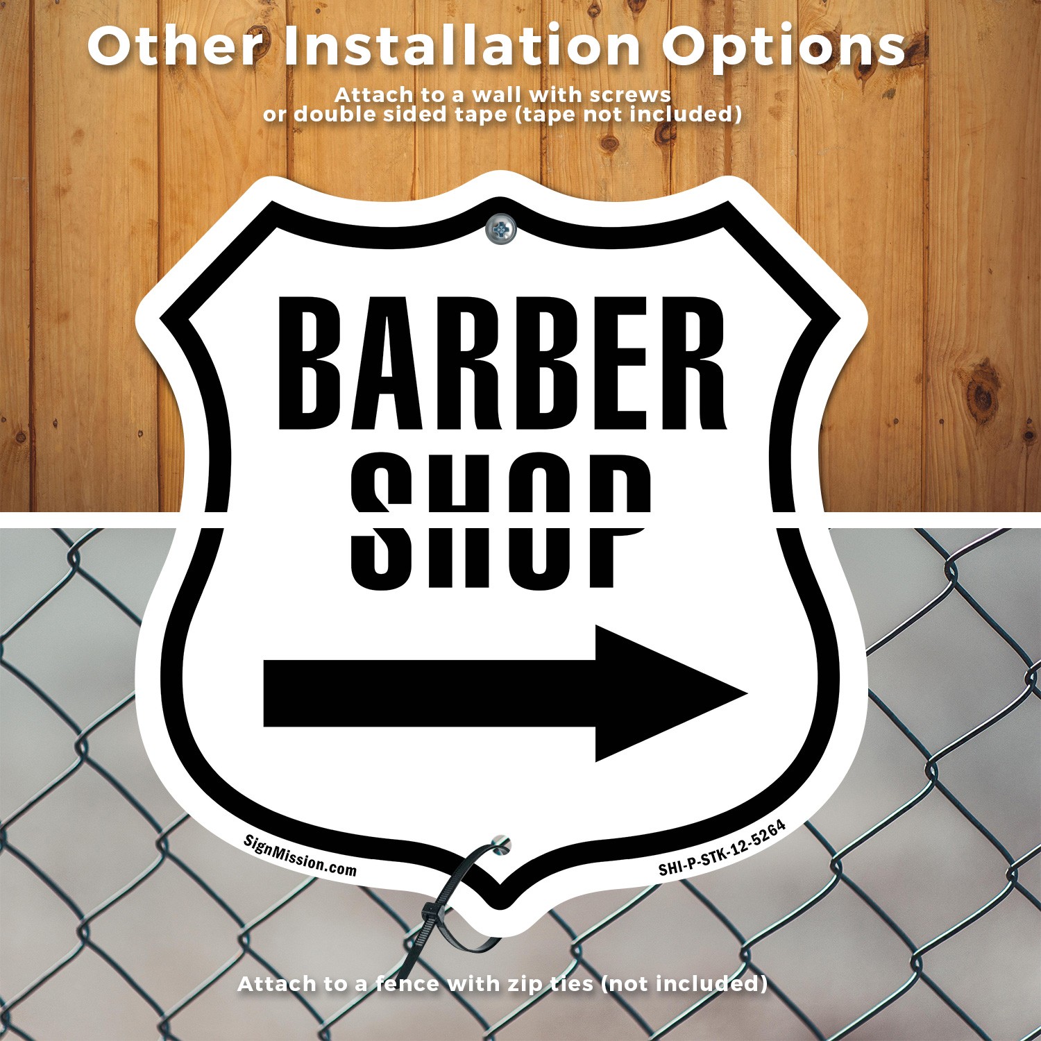 Barber Shop Right Arrow Shield Shaped Sign With Stake Crafted in the USA