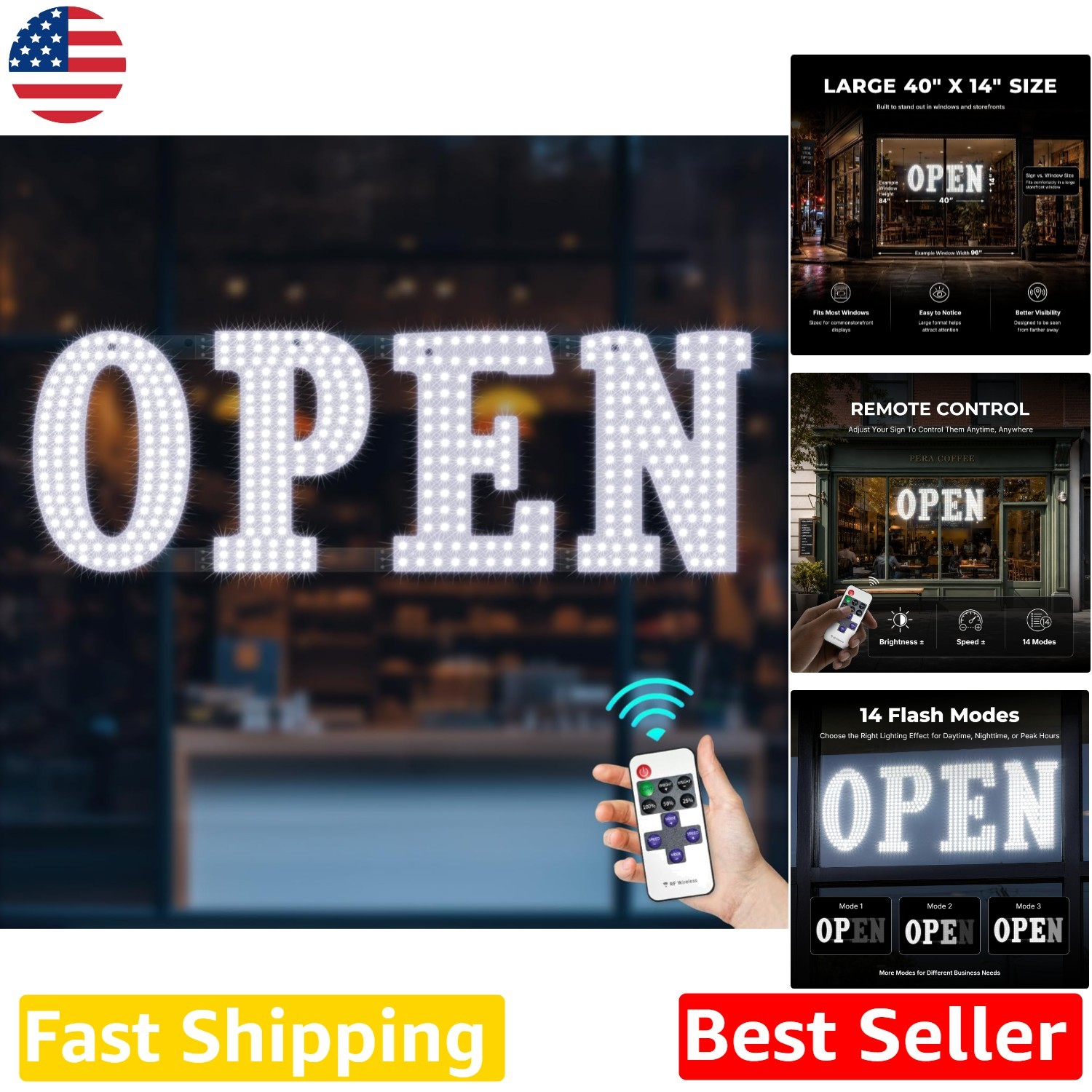 Large LED Open Sign 40&Prime;x14&Prime; Remote Control 14 Modes Ultra Bright Storefront