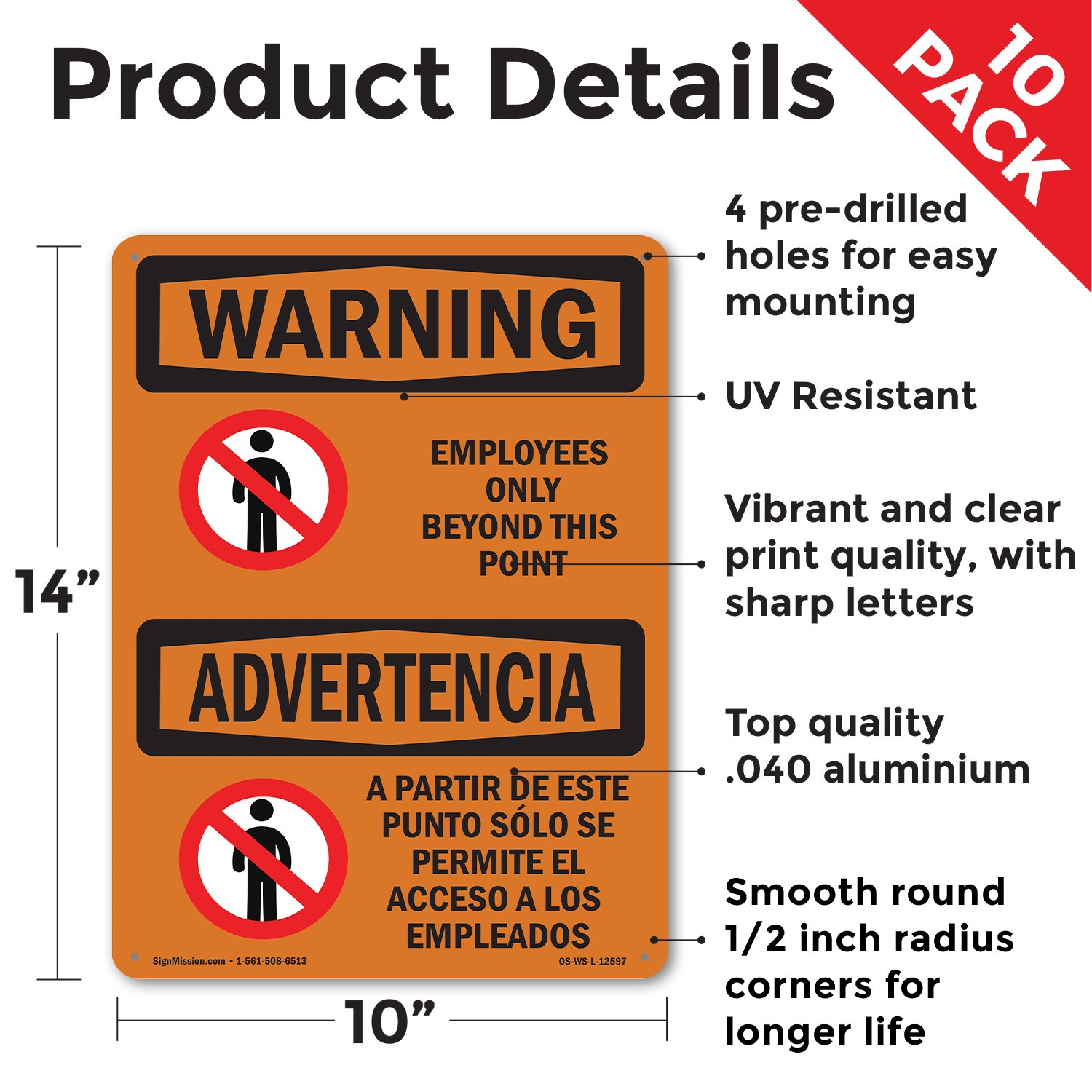 Employees Only Beyond This Point Bilingual OSHA WARNING Sign, Decal 5 or 10 Pack