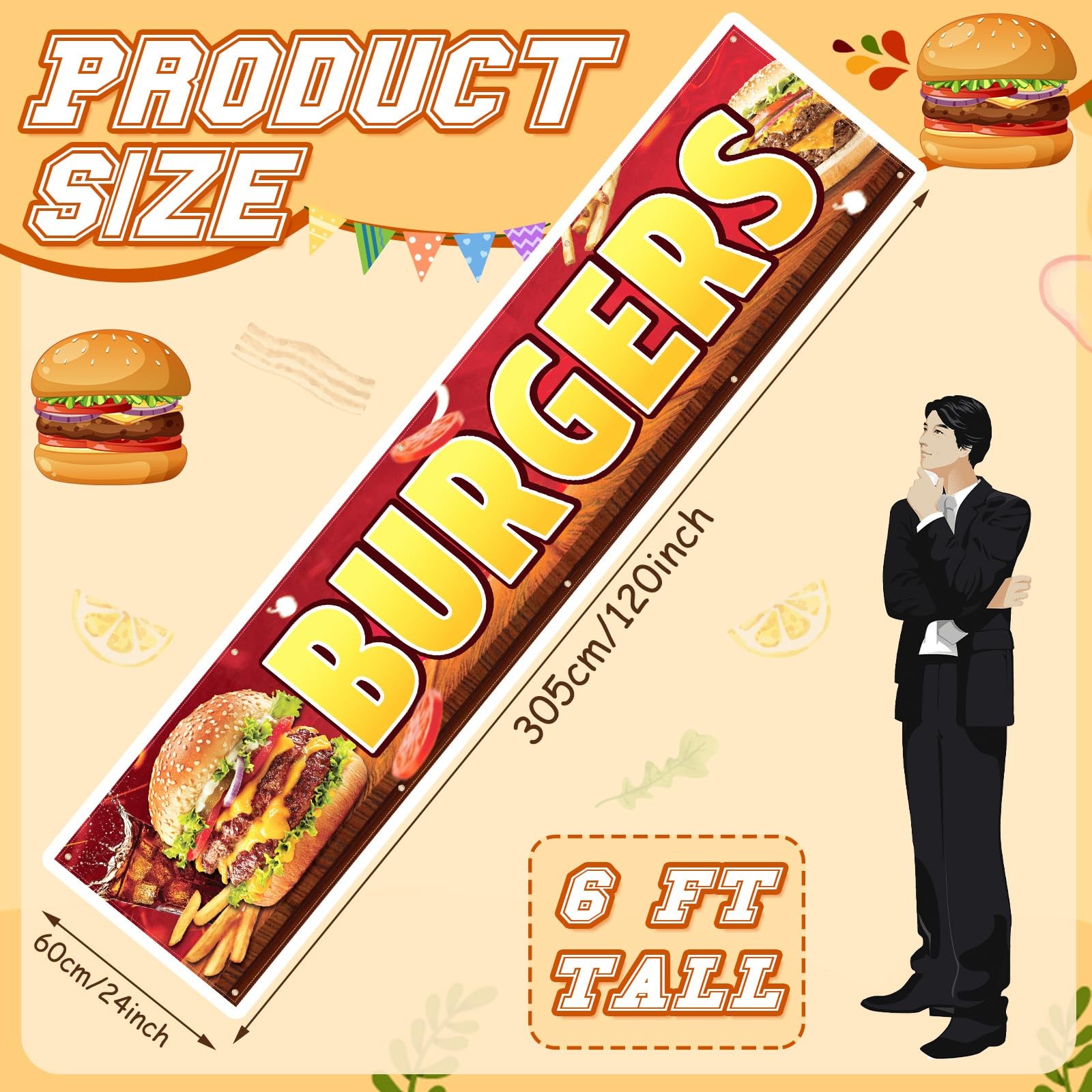 Tegeme Burgers Banners 2 X 10 Ft/ 24 X 120 Inch Large Oxford Fabric Polyester