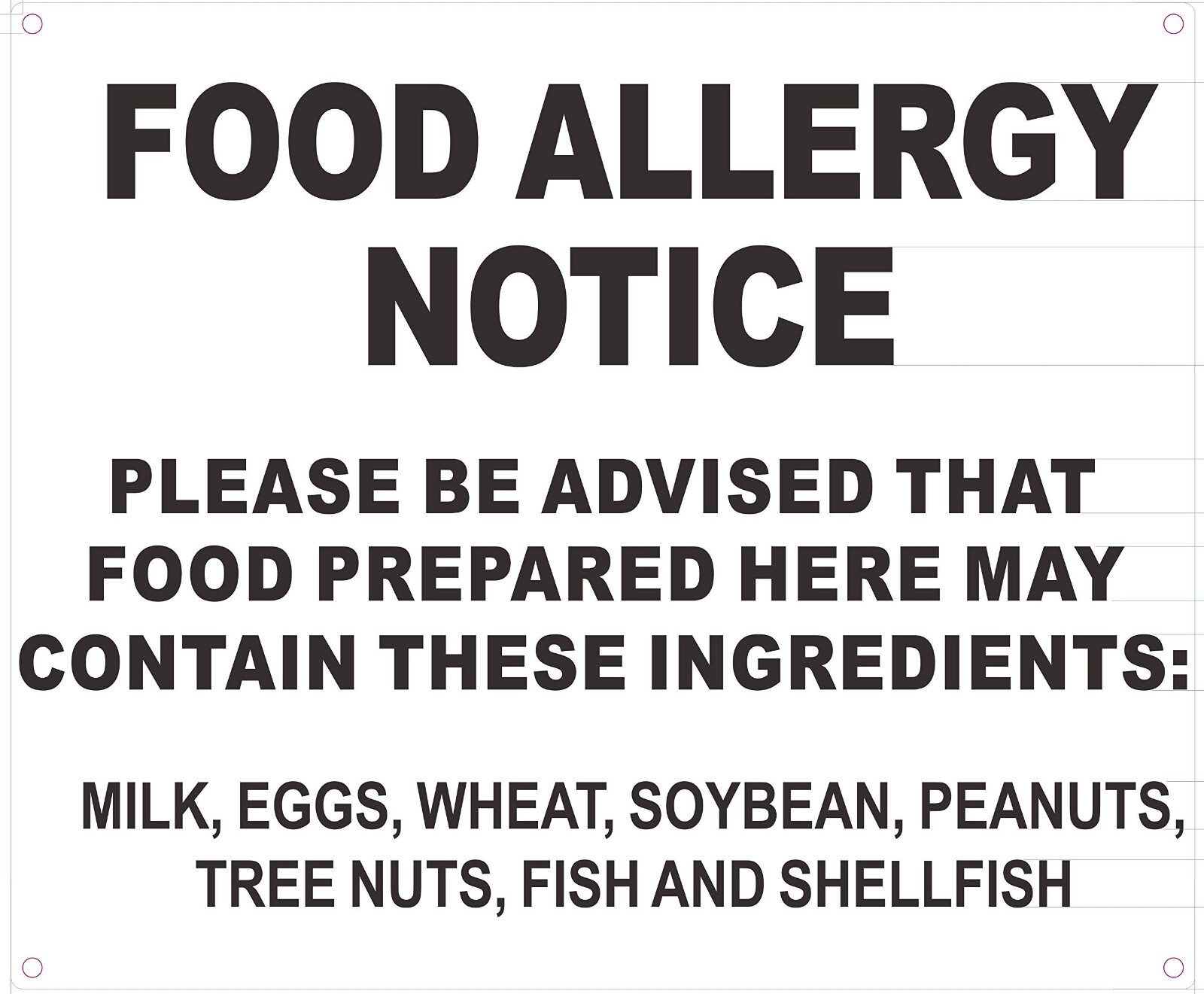 FOOD ALLERGY SIGN FOR RESTURANT (10X12 WHITE BACKGROUND, ALUMINUM)-REF24-1027